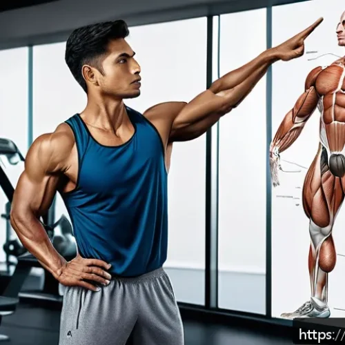 헬스트레이너 기능해부학 사례 - A detailed anatomical illustration of a Bengali fitness trainer guiding a client through functional ...