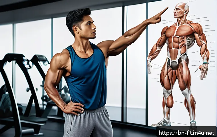헬스트레이너 기능해부학 사례 - A detailed anatomical illustration of a Bengali fitness trainer guiding a client through functional ...