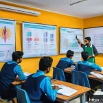 헬스트레이너의 국제 자격증 준비 - A detailed classroom scene showing an international health training exam preparation session, featur...
