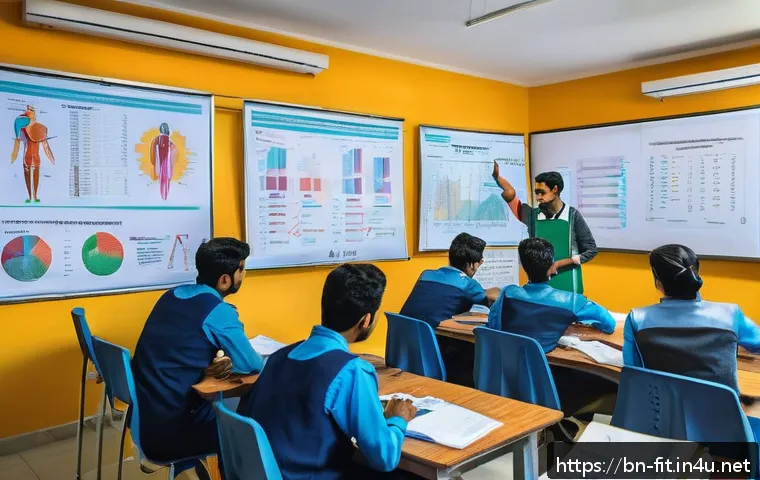 헬스트레이너의 국제 자격증 준비 - A detailed classroom scene showing an international health training exam preparation session, featur...